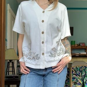 VTG Teddi White Button Down Safari Embroidered Shoulder Pads Large